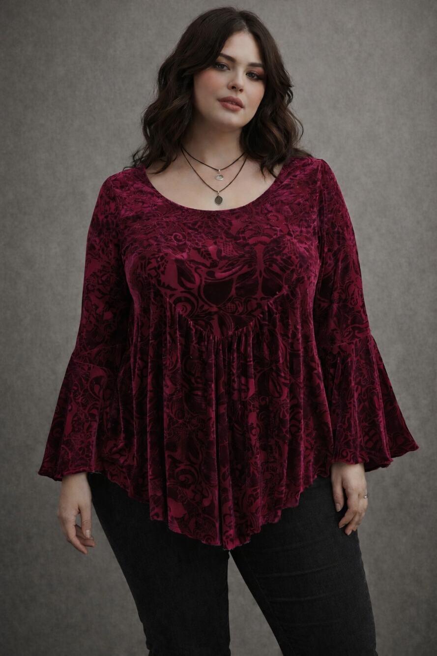 Ultra Pink Magenta Velvet Burnout Top Large Bell Sleeve Dark Fairy Whimsigoth